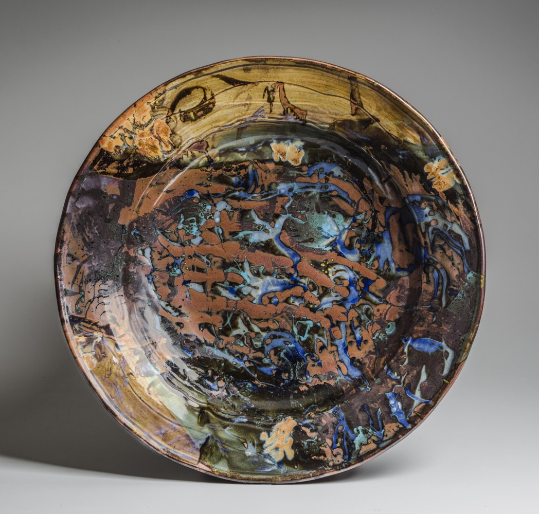 John Glick “Plate” 2003 Stoneware; reduction fired, multiple slips and glazes, glaze trailing  Promised gift from the Marilyn and Timothy Mast Collection of Contemporary Ceramics  Photo by R. H. Hensleigh